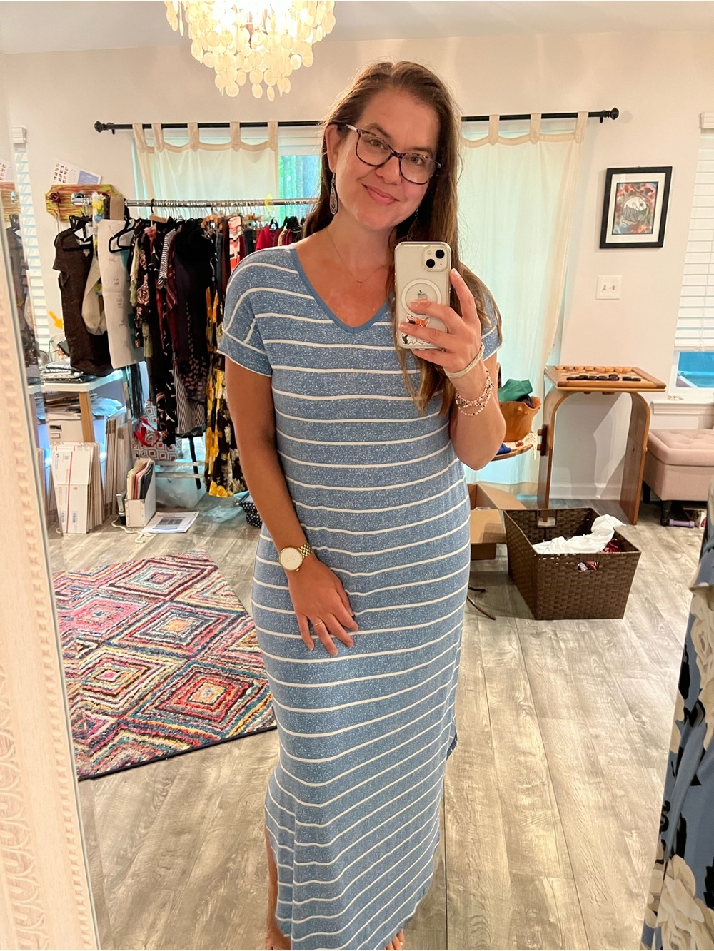 LuLaRoe Blue and White Striped V-Neck Maxi Dress